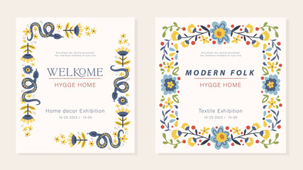 Folk vector set of invitations, flyers or advertising templates in Nordic style, hygge ready to use designs or prints. Symmetrical frames and corners. The scandi folk motifs - snake, flowers, leaves - obrazy, fototapety, plakaty