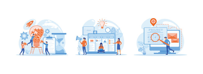 Naklejka premium Business processes and planning, Strategy, motivation and successful leadership, Planning, developing and scheduling successful business projects. Project Management set flat vector modern illustratio
