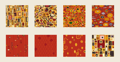 Klimt style inspired abstract seamless patterns pack, modern art nouveau endless backdrop set with geometric shapes, texture for wrapping or digital paper, wallpaper, scrapbooking, textile prints