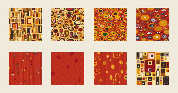Klimt style inspired abstract seamless patterns pack, modern art nouveau endless backdrop set with geometric shapes, texture for wrapping or digital paper, wallpaper, scrapbooking, textile prints