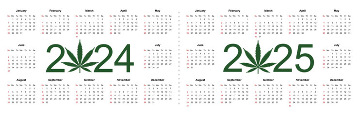 Marijuana calendar for 2024 and 2025 year. Medical Cannabis. Simple Vector Template. Isolated vector illustration on white background.