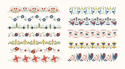 Folk scandi seamless borders set - birds, leaves, flowers, branches in scandinavian nordic style, ethnic floral repeating motifs on background for wrapping, textile, digital or scrapbook paper © Maria Zamchiy 