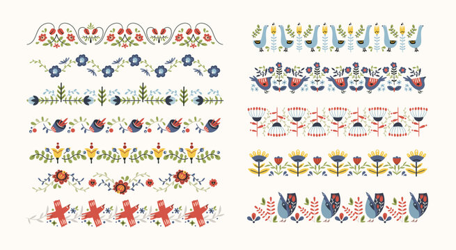 Fototapeta Folk scandi seamless borders set - birds, leaves, flowers, branches in scandinavian nordic style, ethnic floral repeating motifs on background for wrapping, textile, digital or scrapbook paper
