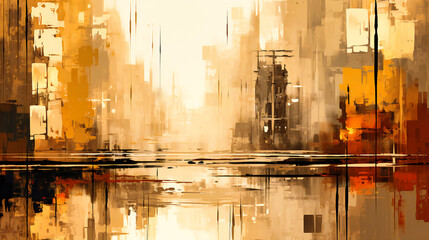 Golden Brushstrokes on Canvas Portraying the Abstract Harmony of an Urban Reflection