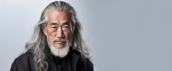 Portrait of an elderly handsome Asian senior man old with gray long hair, on a white background, banner. - obrazy, fototapety, plakaty