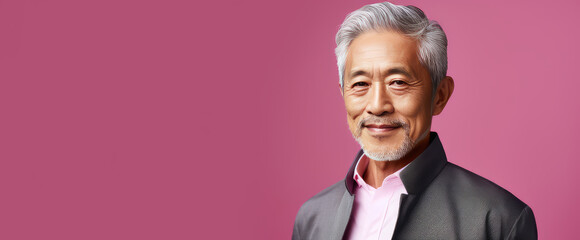 Elegant smiling elderly Asian man with gray hair, on a pink background, banner, copy space, portrait.