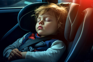 Little child sleeping in the safety car seat in front of window during vacation travel trip on holiday background. - obrazy, fototapety, plakaty