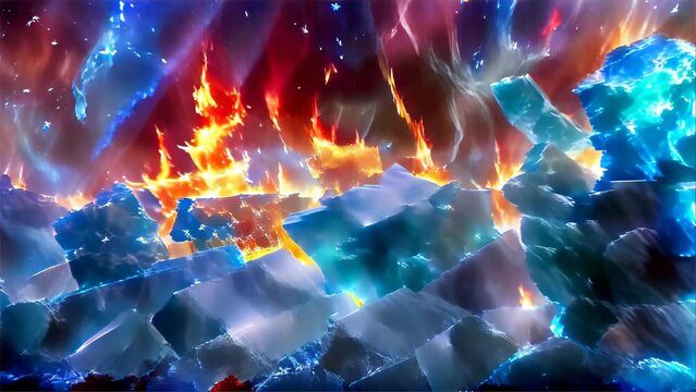 a dynamic scene where elements of fire and ice coexist, illustrating the balance of nature's contrasting forces and the beauty they create.