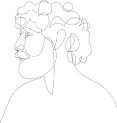Continuous one line drawing of man portrait with beard and curly hair. Male side view vector illustration.