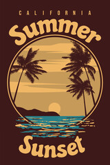 Retro Poster Summer sunset California. Tropical coast beach