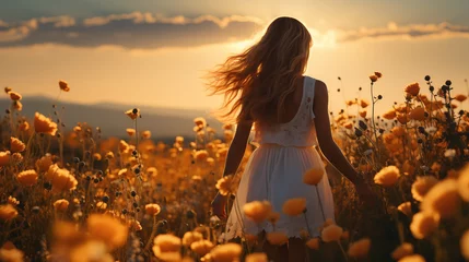 Deurstickers Beautiful young woman with long hair in poppy field at sunset. © Dream Studio