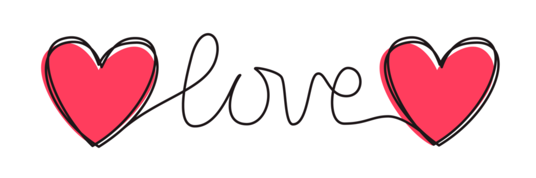 Doodle heart and word LOVE hand written with thin line, divider shape scribble style. Png clipart isolated on transparent background - Powered by Adobe