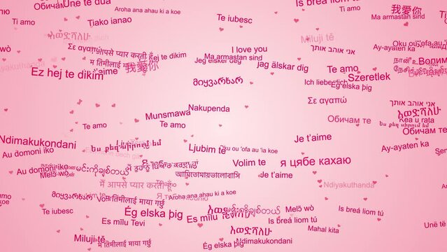 I Love You message with heart symbol in any languages seamless loop fly animation on pink background
