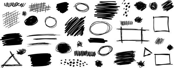 Grunge brutalism graphic elements, hand drawn brush strokes, artistic clip art set isolated freehand drawing collection