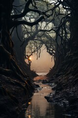 Naklejka premium Mystical forest with gnarled tree roots and silhouettes, Generative AI