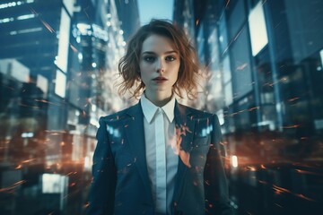 Double exposure of young businesswoman over cityscape background.