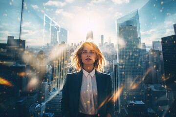 Fototapeta premium Double exposure of young businesswoman over cityscape background.