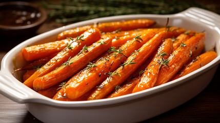 Baked Baby Carrots with Thyme, Carrot, Roasted, Glazed Food, Crockery, Cooked. generative ai - obrazy, fototapety, plakaty