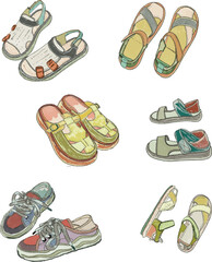 Fototapeta premium Fashion handbags artwork art line colorful shoes illustration painting board