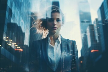 Double exposure of young businesswoman over cityscape background. - obrazy, fototapety, plakaty