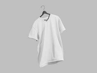 Floating White Blank V-Neck T-Shirt 3D Rendered Mockup with Hanger