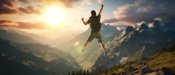 Jumping man on the mountain peak - Powered by Adobe