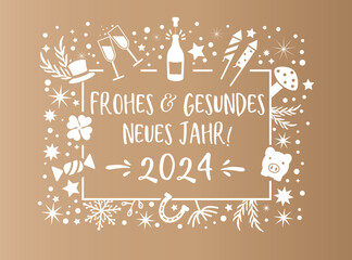 Frohes und gesundes neues Jahr - Neujahrsgrüße 2024 auf goldenem Hintergrund - Karte mit deutschem Text - obrazy, fototapety, plakaty