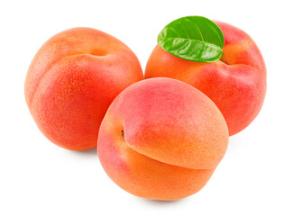 three apricot fruits with green leaf isolated on white background. clipping path