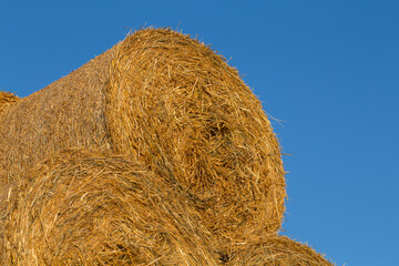 Piled hay bales on a field against blue sky