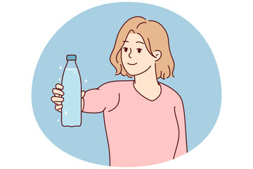 Smiling young woman hold bottle of water recommend drinking clear clean aqua. Happy female make recommendation for healthy lifestyle. Vector illustration.