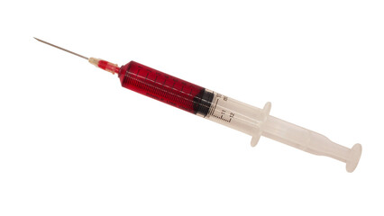 10 ml syringe filled with fake blood on white background