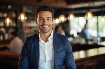Fototapeta premium Confident Male entrepreneur smiles. Handsome work. Generate Ai