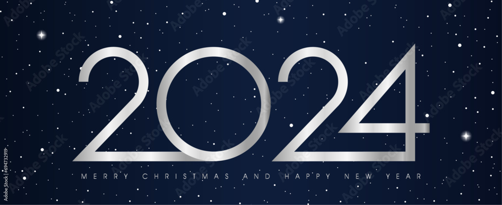 Poster happy new year 2024 modern text vector luxury design silver color line on black background with snow