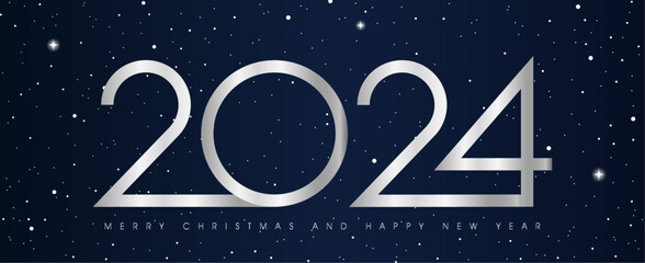 Happy New Year 2024 modern text vector luxury design silver color line on black background with snowflakes and shining stars. Merry Christmas and happy new year 3d banner.
