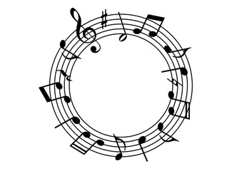 メロディーが流れる、譜面の円形フレーム。ト音記号と音符の楽譜イラスト。