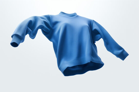 A plain blue sweatshirt floating on a plain background