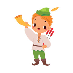 Boy Robin Hood with Trumpet and Arrow as Fairy Tale Character Vector Illustration