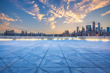 Empty brick floor and skyline of Chongqing city center in China