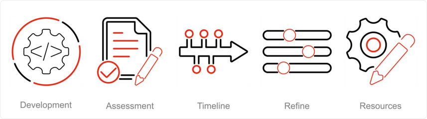 A set of 5 Action plan icons as development, assessment, timeline