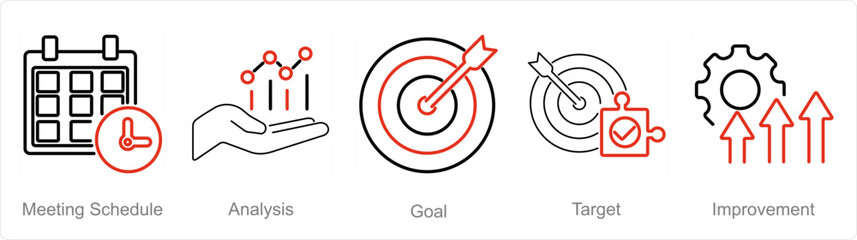 A set of 5 Action plan icons as meeting schedule, analysis, goal - obrazy, fototapety, plakaty