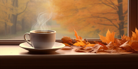Naklejka na ściany i meble A serene scene of fall leaves with a steaming cup of coffee or tea, capturing the essence of a peaceful autumn morning.