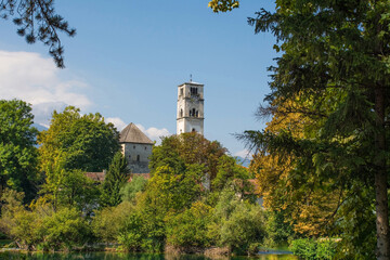 The Captain's Tower and Saint Anthony of Padua Church in central Bihac, Una-Sana Canton, Federation...