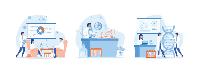 Laboratory interior, equipment and lab glassware, Chemical laboratory analysis laboratory analysis women laboratory assistant, medical microbiology vector concept. Laboratory set flat vector modern 