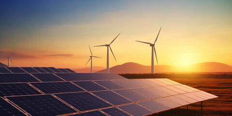 Modern Wind turbines and solar panels sunset light. Concept eco green renewable energy.