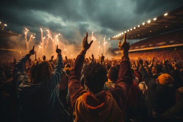 Stadium audience with hands in the air, enjoying the music, Generative AI