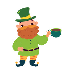 Green Bearded Man Leprechaun in Hat with Mug as Fairy Tale Character Vector Illustration