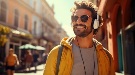 portrait of happy man wearing headphones on the street listening to music - obrazy, fototapety, plakaty
