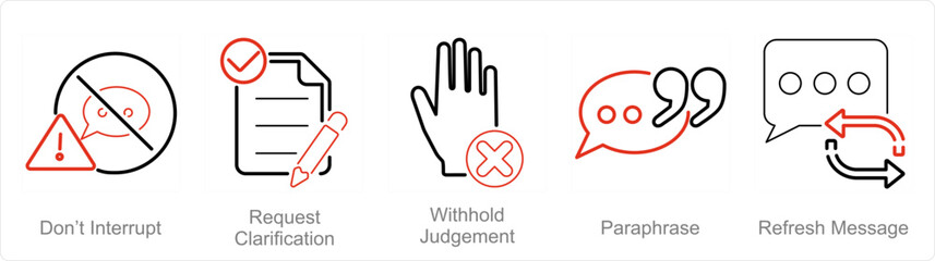 A set of 5 Active Listening icons as don�t inturrupt, request clarification, with hold judgement