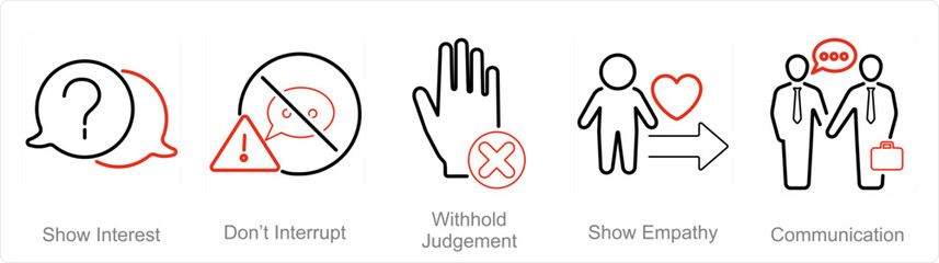 A set of 5 Active Listening icons as show interest, don�t inturrupt, with hold judgement