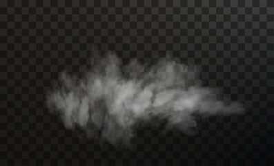 Vector isolated smoke PNG. White smoke texture on a transparent black background. Special effect of steam, smoke, fog, clouds.